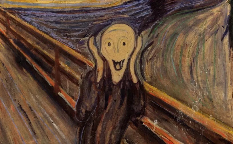 Altered version of Edvard Munch's The Scream, cropped to just show the person, who is now smiling happily